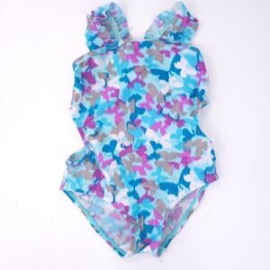 Joe Boxer Girls Swimsuit 4T Toddler Butterflys, Ruffle Straps Blue Purple